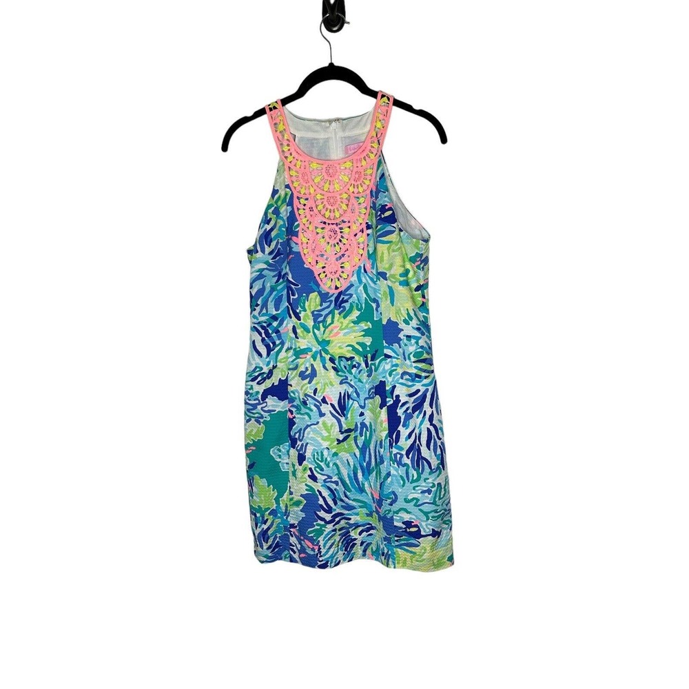 Lilly Pulitzer Womens Pearl Shift Dress 4 Brilliant Blue Wade and Sea Embroidery